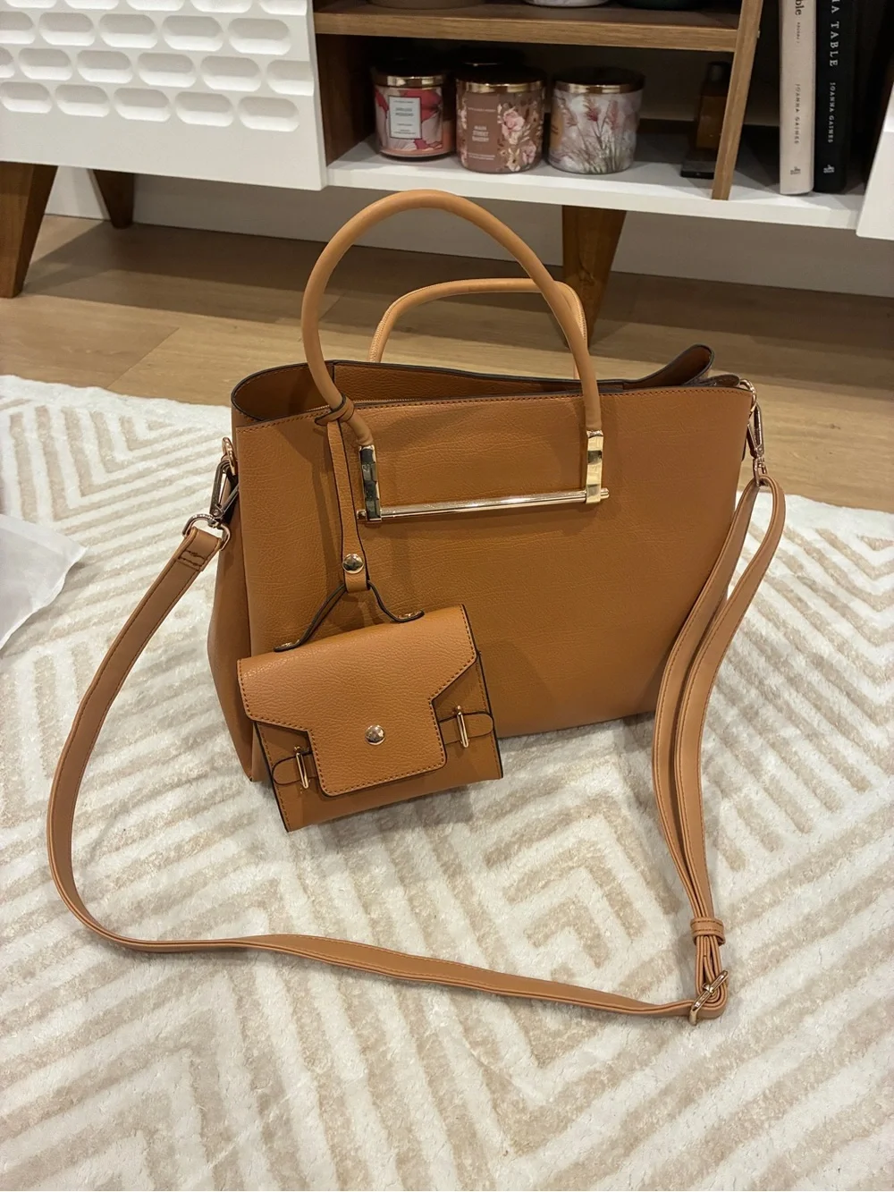 Structured Tan Satchel with Detachable Pouch and Gold-Tone Accents